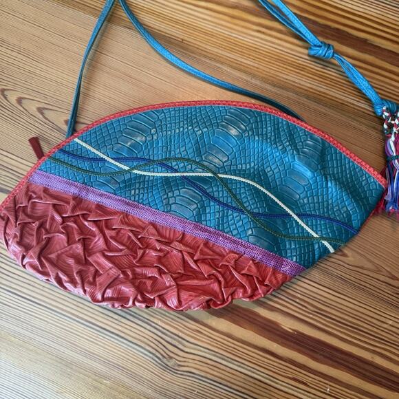 Vtg Carlo Fiori Purse Brightly Colored Snake Leather Crossbody Zip Tassles Italy - Picture 4 of 15